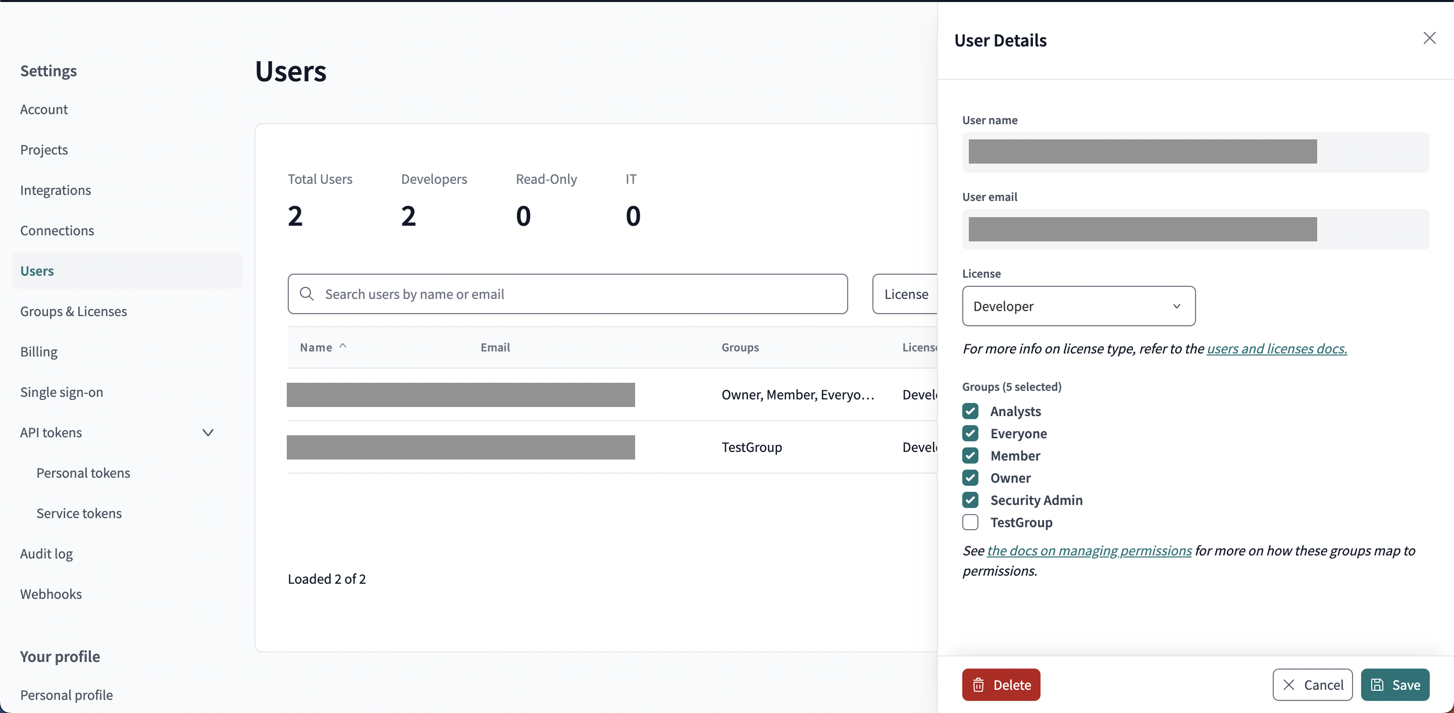 Example of the user information window in the user directory